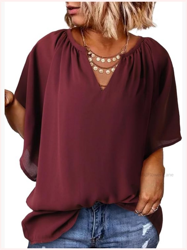 Plus Size V-Neck Bell Short Sleeve Chiffon Blouse Flowy Tunic Top